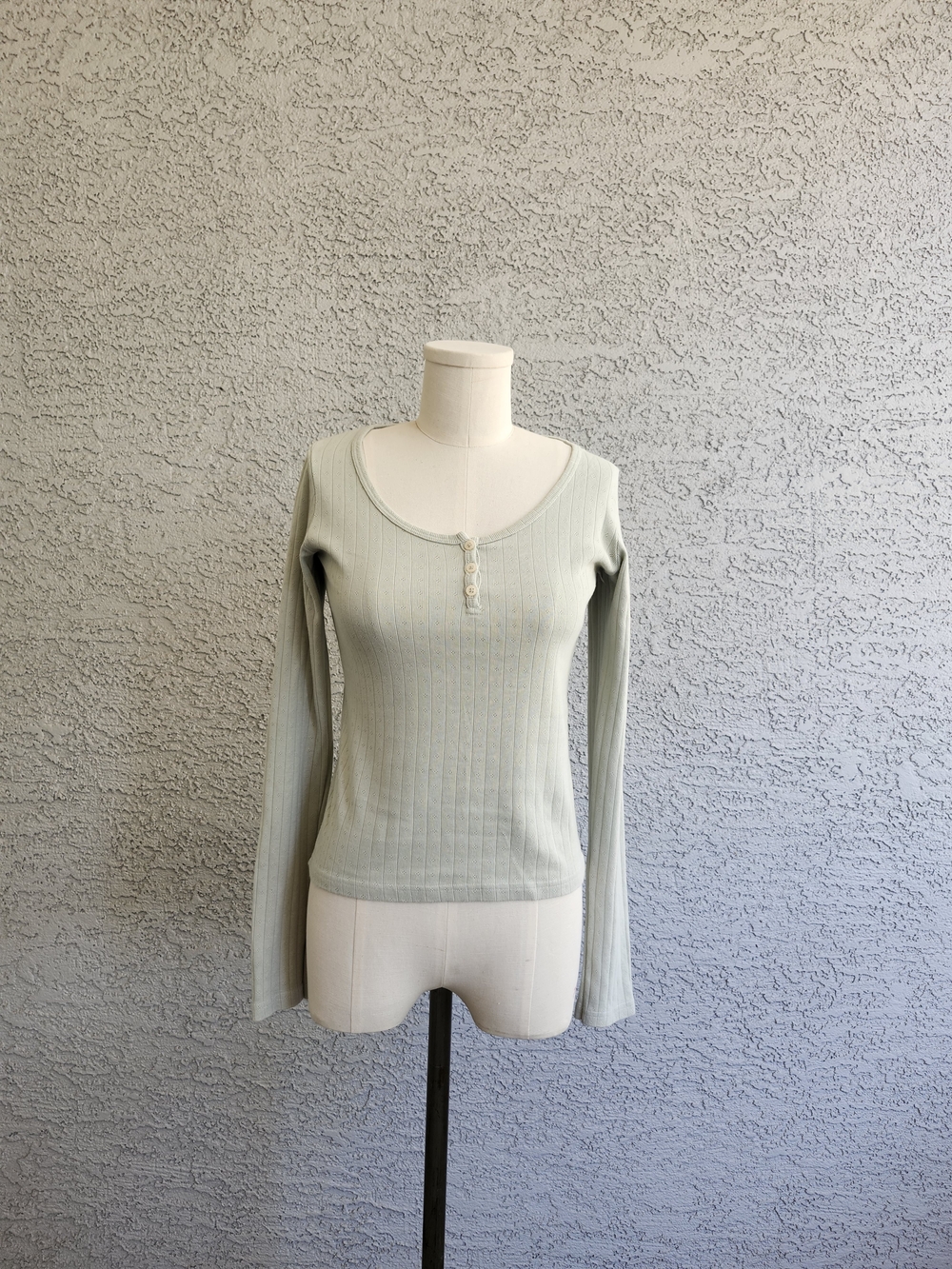 Brandy Melville Ribbed Long Sleeve Henley Top in Sage Green